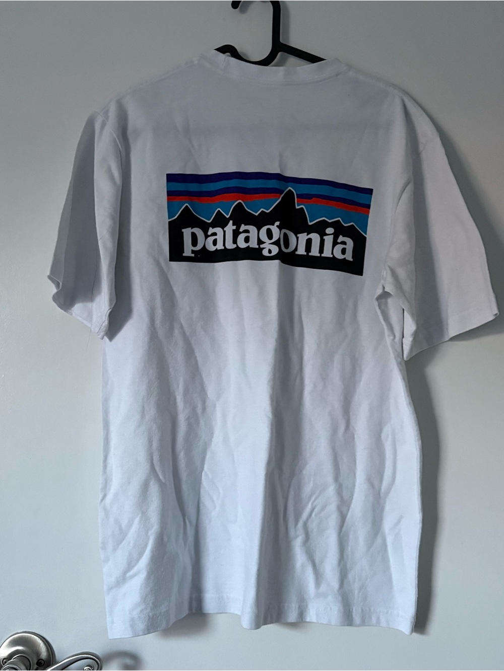 Patagonia White Tee with Multicolor Mountain Logo